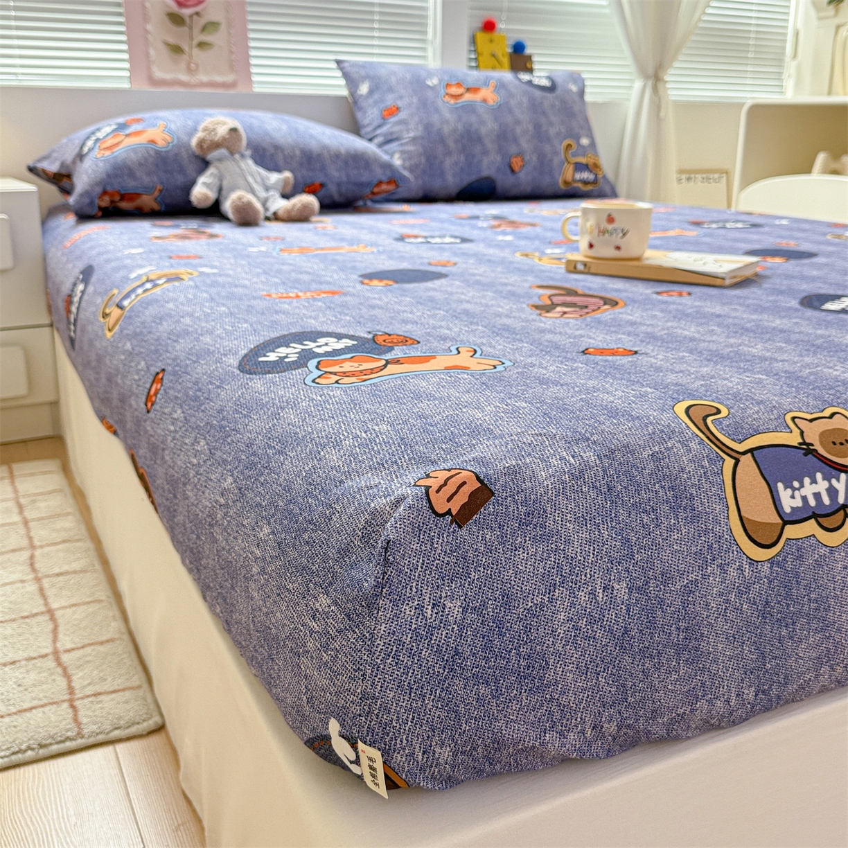 91家纺网 家纺一手货源 找家纺 名兮家居 2025新款亲肤舒适全棉纯棉磨毛印花床笠单床笠单品床笠单件床笠 牛仔猫