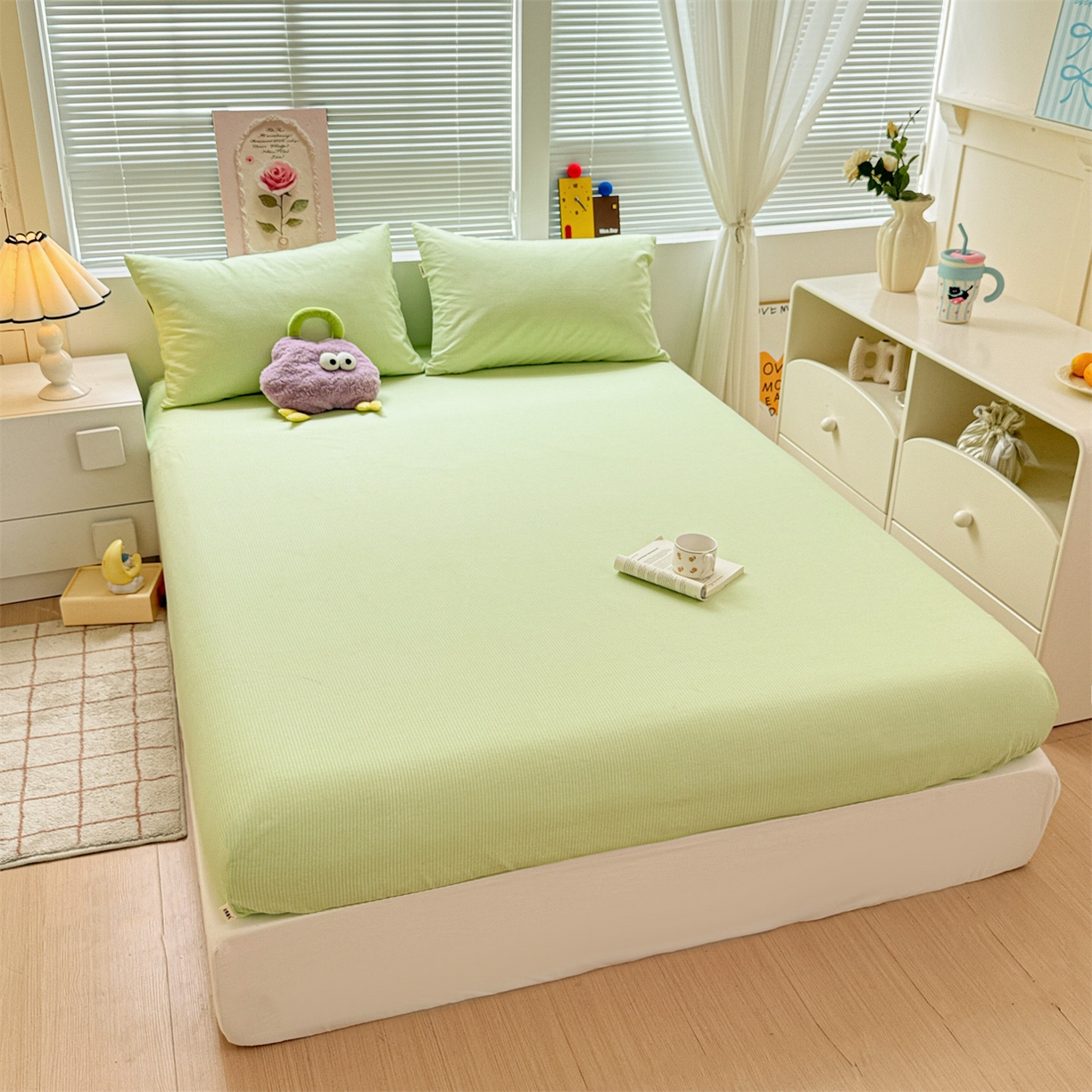 91家纺网 家纺一手货源 找家纺 名兮家居 2025新款亲肤舒适全棉纯棉磨毛印花床笠单床笠单品床笠单件床笠 细条-绿