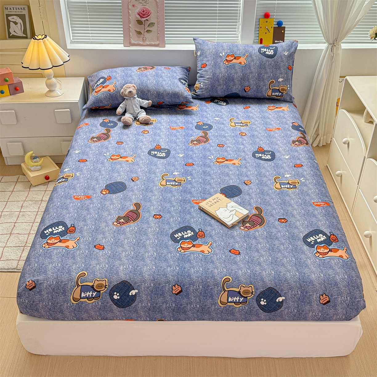 91家纺网 家纺一手货源 找家纺 名兮家居 2025新款亲肤舒适全棉纯棉磨毛印花床笠单床笠单品床笠单件床笠 牛仔猫
