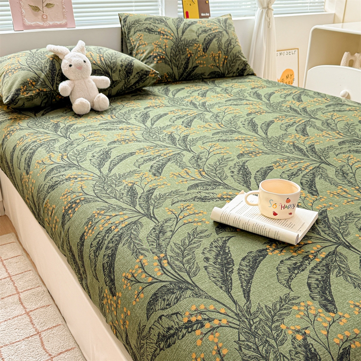 91家纺网 家纺一手货源 找家纺 名兮家居 2025新款亲肤舒适全棉纯棉磨毛印花床笠单床笠单品床笠单件床笠 繁叶流金-绿