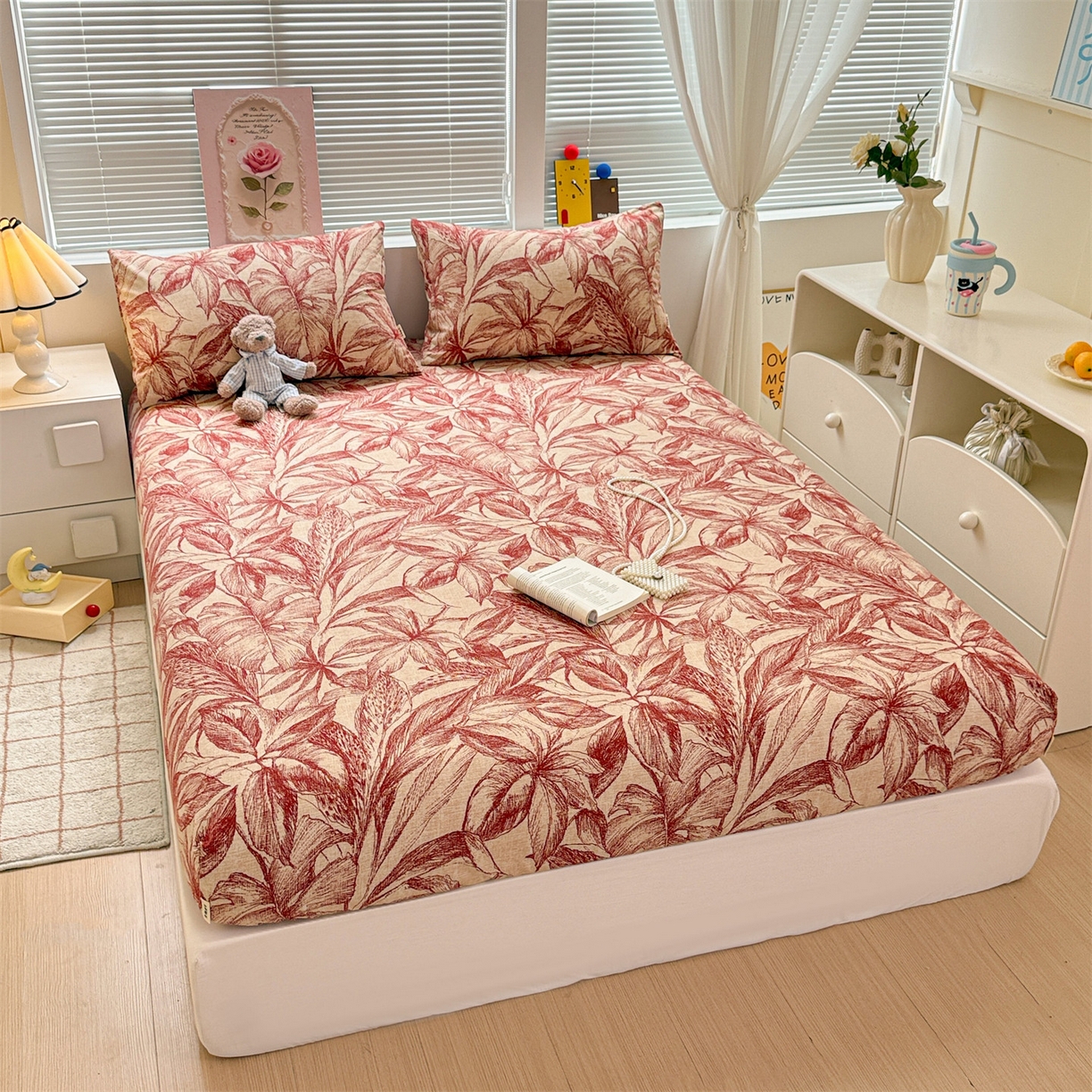 91家纺网 家纺一手货源 找家纺 名兮家居 2025新款亲肤舒适全棉纯棉磨毛印花床笠单床笠单品床笠单件床笠 秋韵-红
