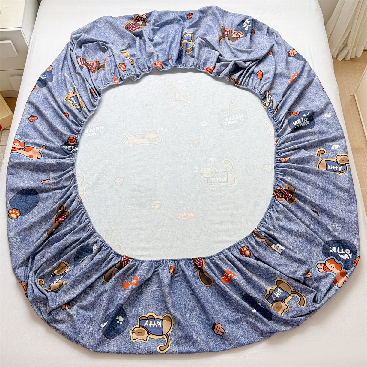 91家纺网 家纺一手货源 找家纺 名兮家居 2025新款亲肤舒适全棉纯棉磨毛印花床笠单床笠单品床笠单件床笠 牛仔猫