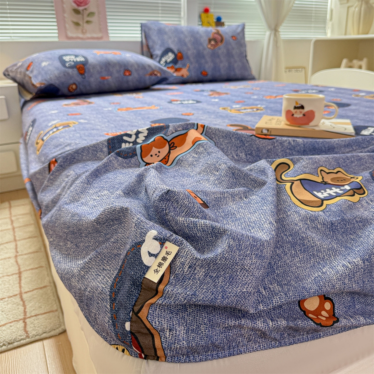 91家纺网 家纺一手货源 找家纺 名兮家居 2025新款亲肤舒适全棉纯棉磨毛印花床笠单床笠单品床笠单件床笠 牛仔猫