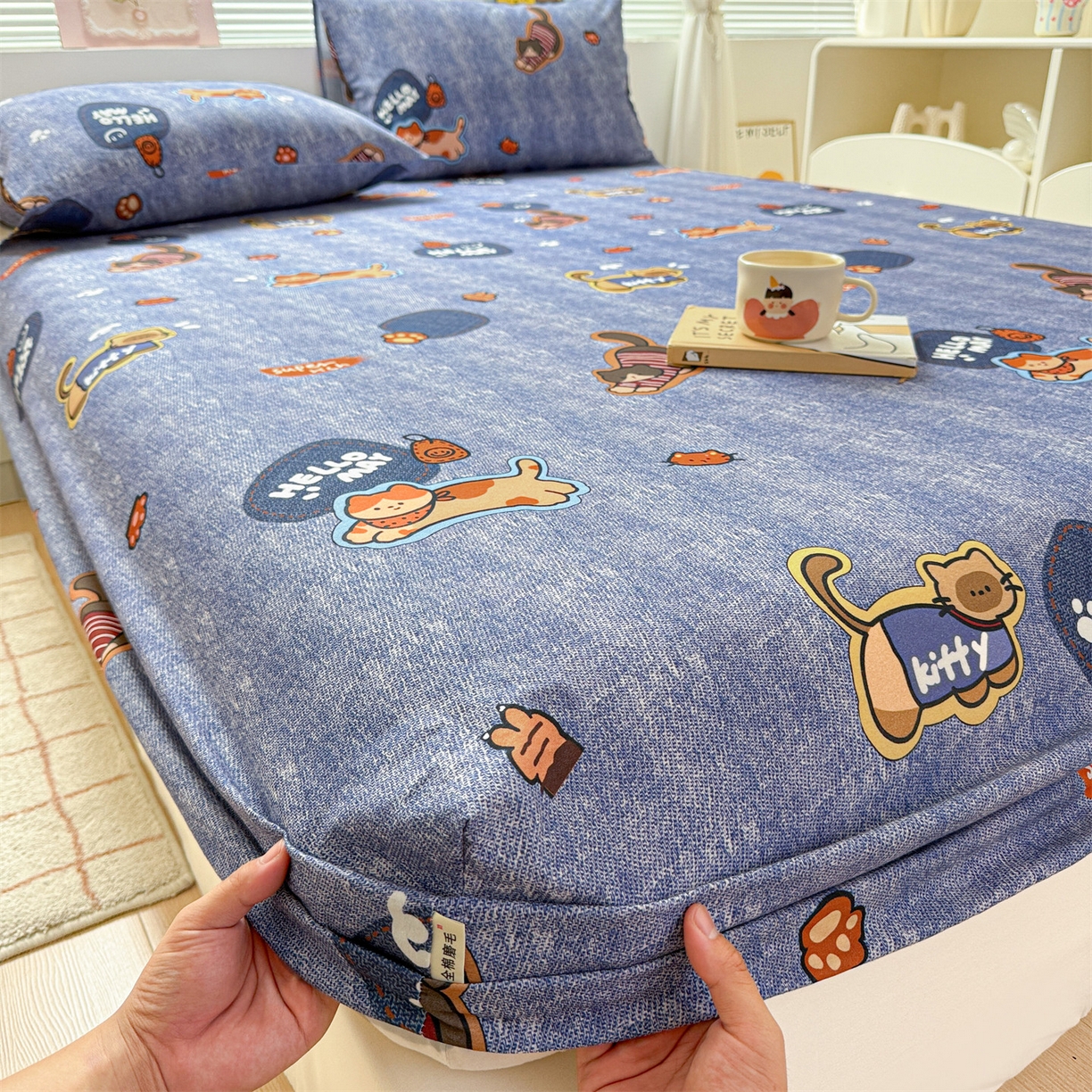 91家纺网 家纺一手货源 找家纺 名兮家居 2025新款亲肤舒适全棉纯棉磨毛印花床笠单床笠单品床笠单件床笠 牛仔猫
