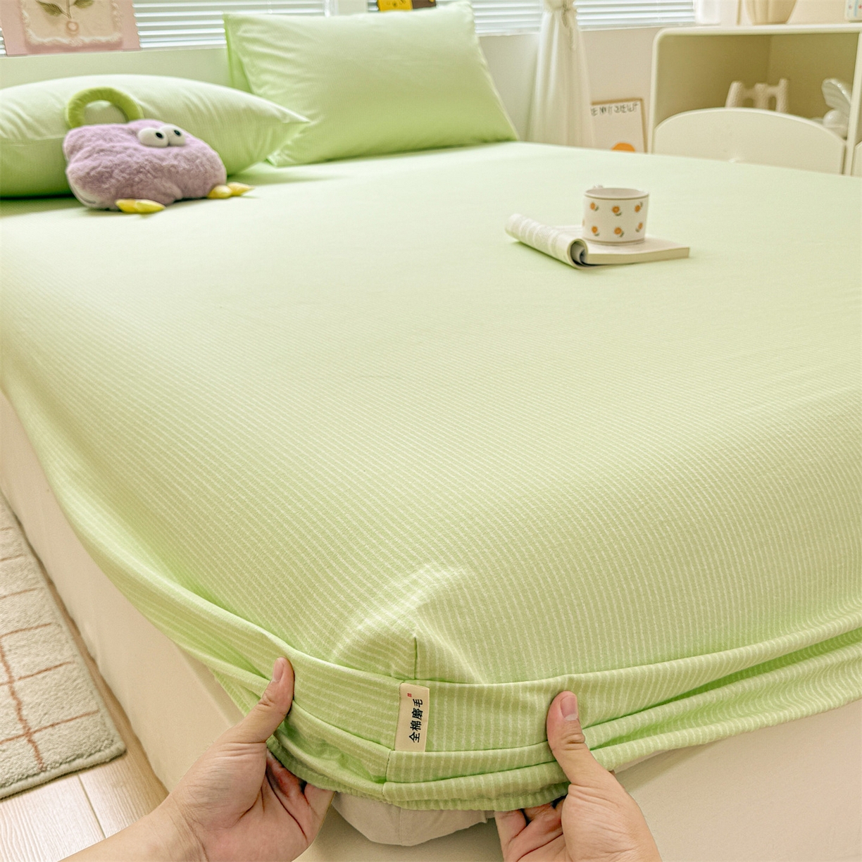 名兮家居 2025新款亲肤舒适全棉纯棉磨毛印花床笠单床笠单品床笠单件床笠 细条-绿