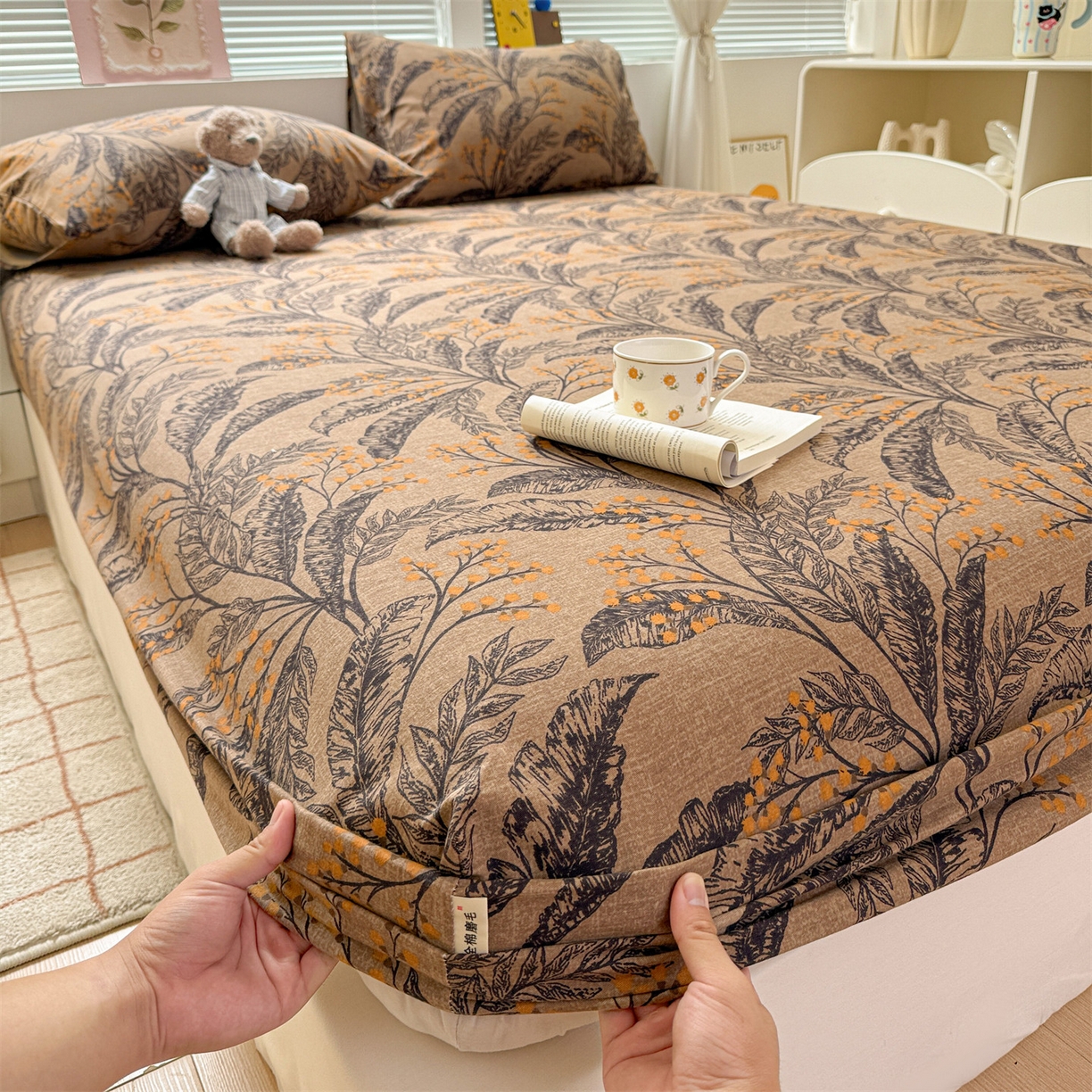 名兮家居 2025新款亲肤舒适全棉纯棉磨毛印花床笠单床笠单品床笠单件床笠 繁叶流金-咖