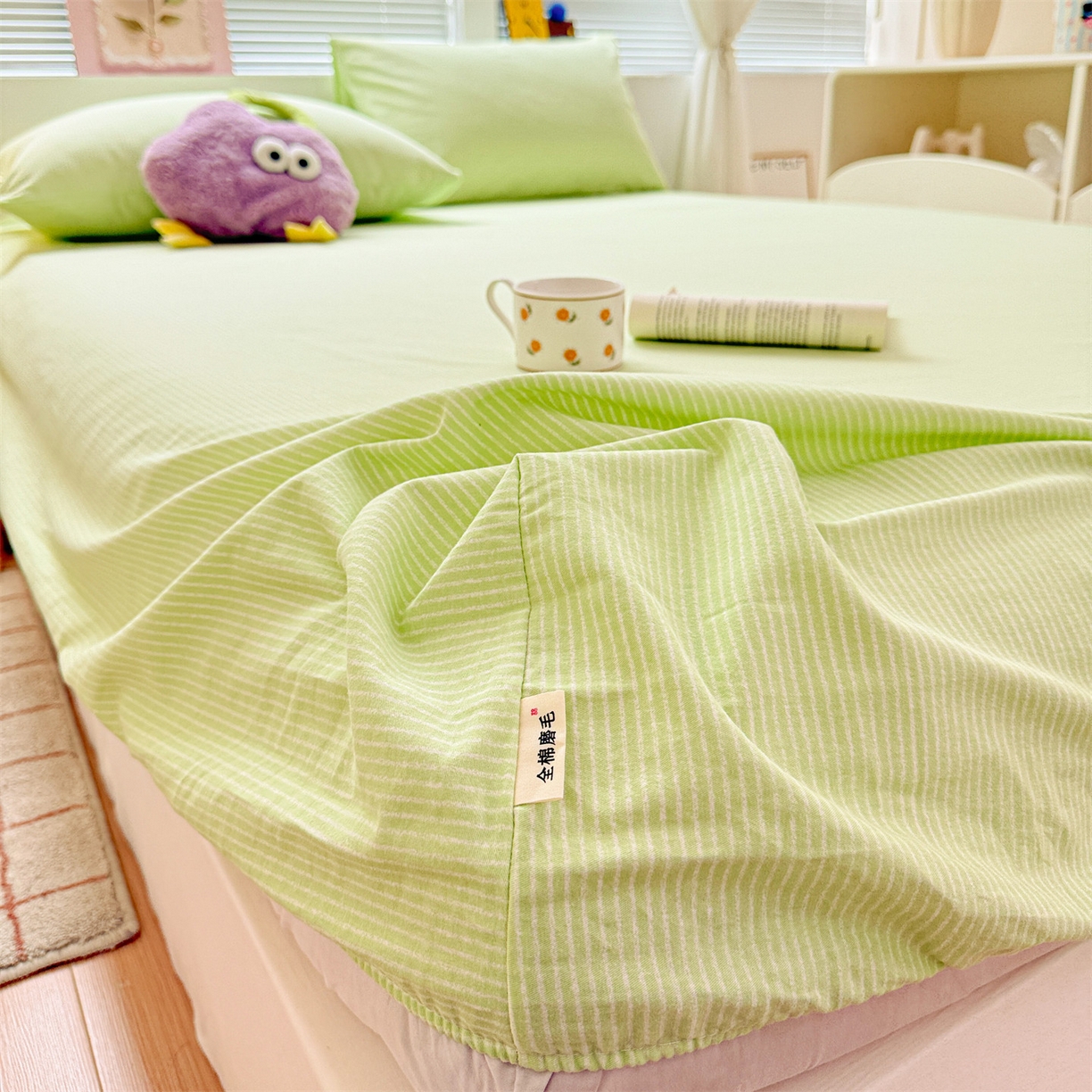 91家纺网 家纺一手货源 找家纺 名兮家居 2025新款亲肤舒适全棉纯棉磨毛印花床笠单床笠单品床笠单件床笠 细条-绿