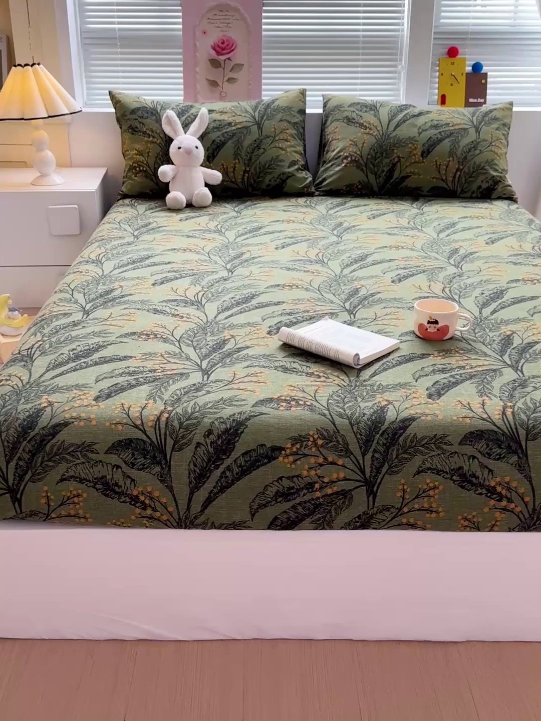 91家纺网 家纺一手货源 找家纺 名兮家居 2025新款亲肤舒适全棉纯棉磨毛印花床笠单床笠单品床笠单件床笠 繁叶流金-绿
