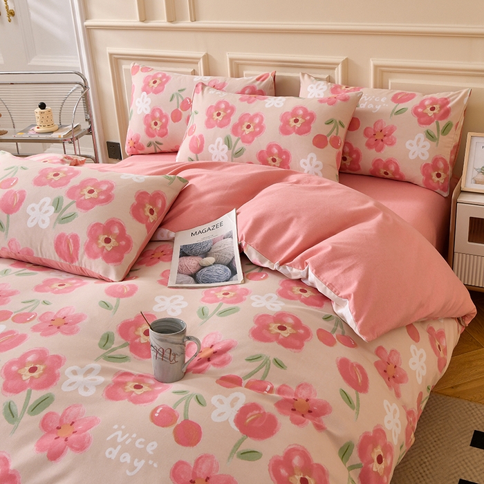 91家纺网 家纺一手货源 找家纺 宇彬家纺 2025直播热新款秋冬全棉精梳生态原棉印花加厚磨毛轻奢铂金单被套 芬妮（粉）