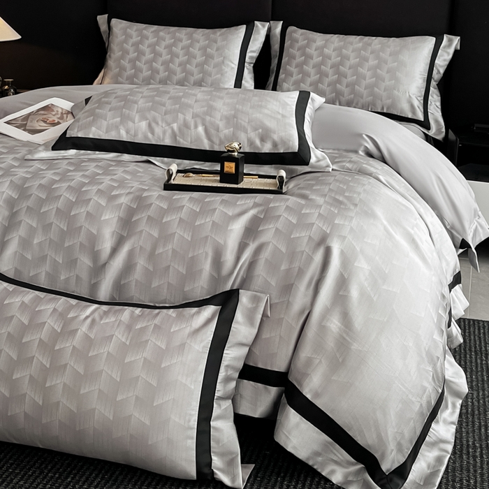 91家纺网 家纺一手货源 找家纺 博纳家纺 2025新款高精密银离子色织提花纯棉撞色宽边四件套 丽斐