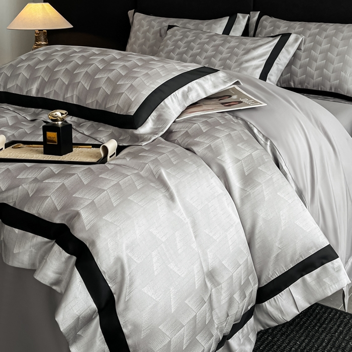 91家纺网 家纺一手货源 找家纺 博纳家纺 2025新款高精密银离子色织提花纯棉撞色宽边四件套 丽斐