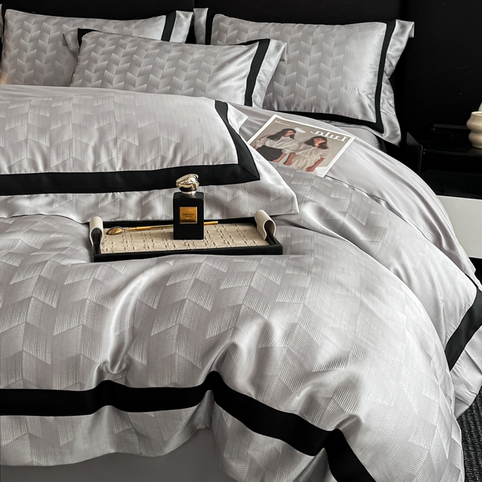 91家纺网 家纺一手货源 找家纺 博纳家纺 2025新款高精密银离子色织提花纯棉撞色宽边四件套 丽斐