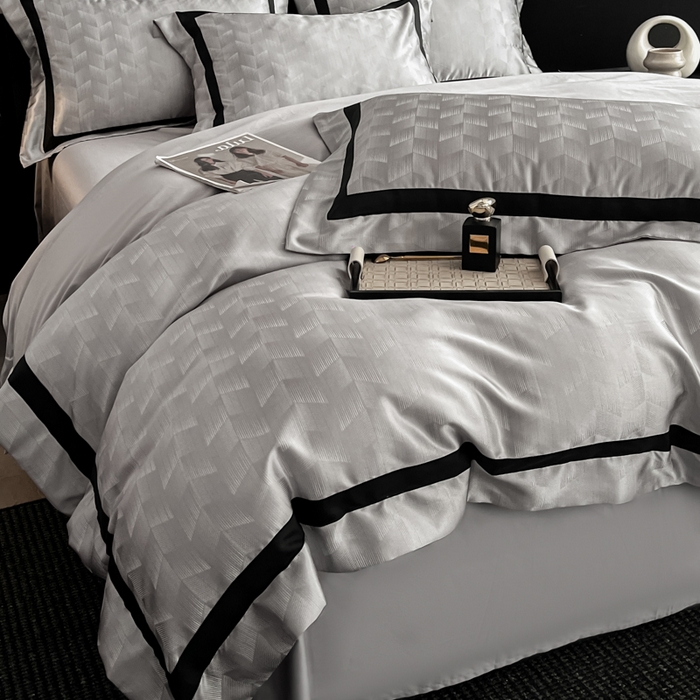 91家纺网 家纺一手货源 找家纺 博纳家纺 2025新款高精密银离子色织提花纯棉撞色宽边四件套 丽斐