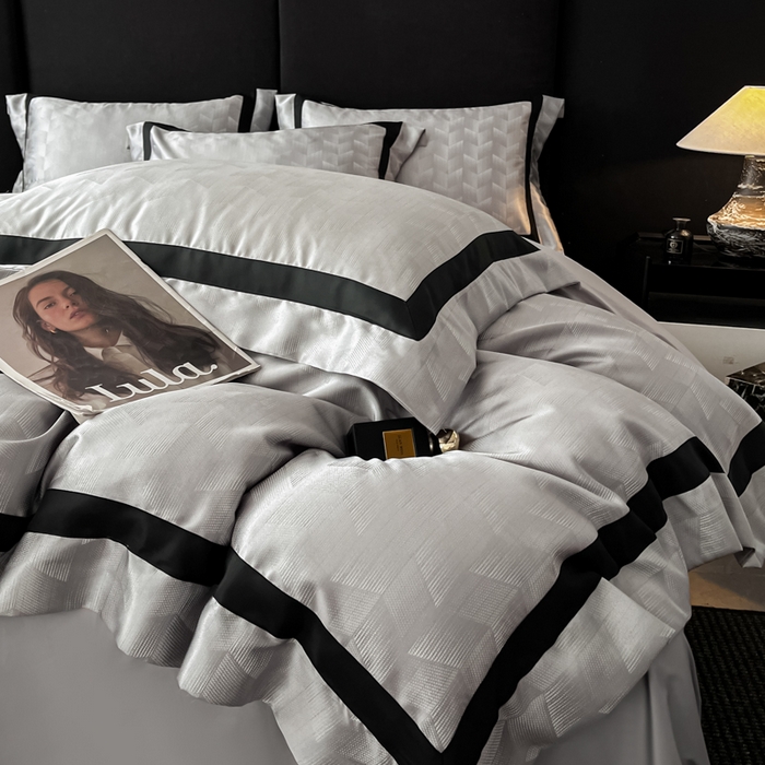 91家纺网 家纺一手货源 找家纺 博纳家纺 2025新款高精密银离子色织提花纯棉撞色宽边四件套 丽斐