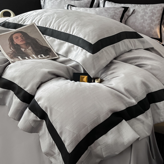 91家纺网 家纺一手货源 找家纺 博纳家纺 2025新款高精密银离子色织提花纯棉撞色宽边四件套 丽斐