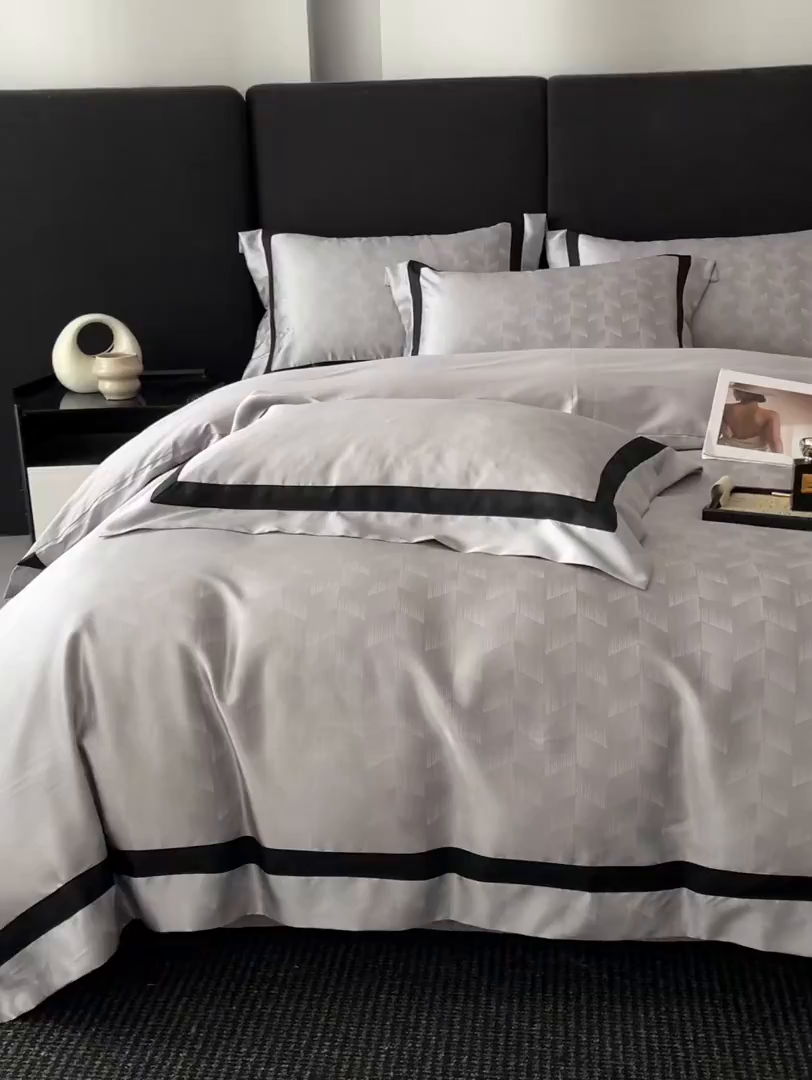 91家纺网 家纺一手货源 找家纺 博纳家纺 2025新款高精密银离子色织提花纯棉撞色宽边四件套 丽斐