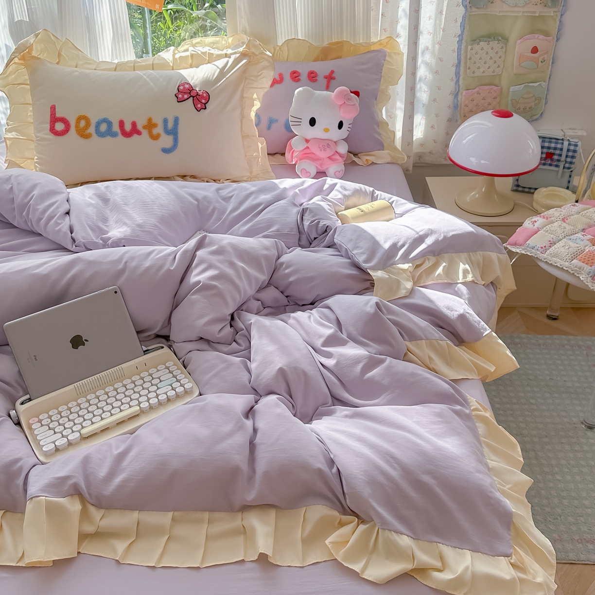 91家纺网 家纺一手货源 找家纺 （总）子钦2025新款奶油风毛巾绣云朵棉水洗棉花边床单床笠床裙四件套-丘比特