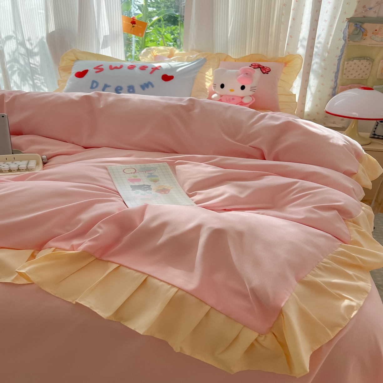 91家纺网 家纺一手货源 找家纺 （总）子钦2025新款奶油风毛巾绣云朵棉水洗棉花边床单床笠床裙四件套-丘比特