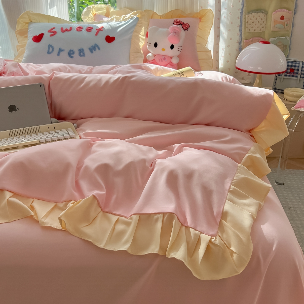 91家纺网 家纺一手货源 找家纺 （总）子钦2025新款奶油风毛巾绣云朵棉水洗棉花边床单床笠床裙四件套-丘比特