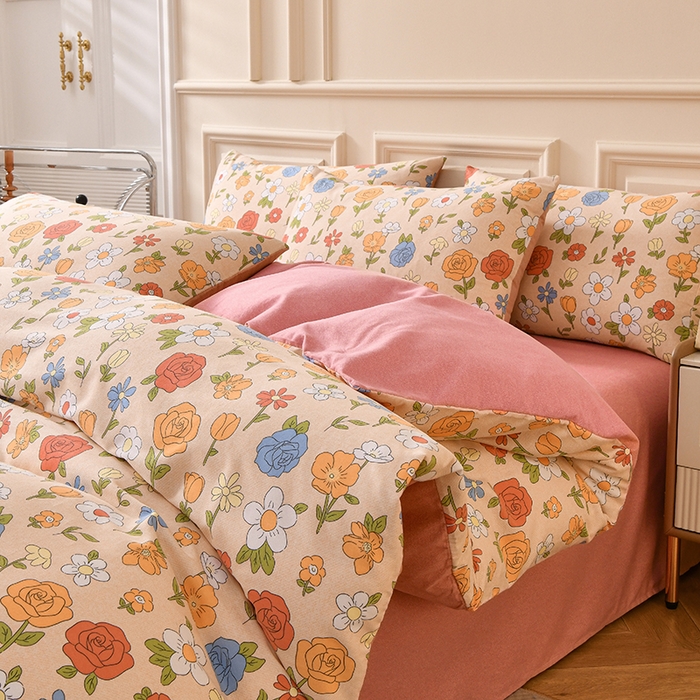 91家纺网 家纺一手货源 找家纺 宇彬家纺 2025直播热新款秋冬全棉精梳生态原棉印花加厚磨毛轻奢铂金单被套 甜蜜花丛（粉）