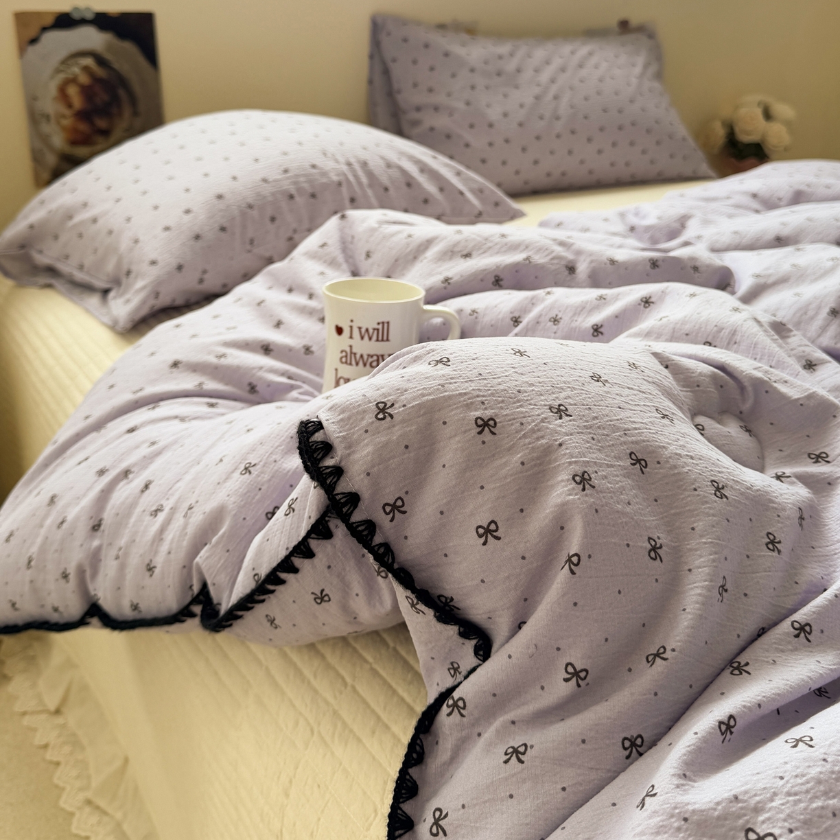 91家纺网 家纺一手货源 找家纺 一加一 2025新款贝壳边抗菌大豆被子被芯 奶油可可-紫