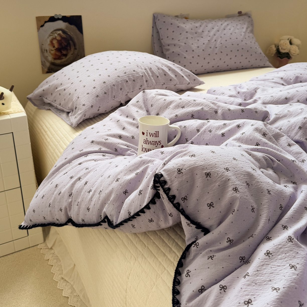 91家纺网 家纺一手货源 找家纺 一加一 2025新款贝壳边抗菌大豆被子被芯 奶油可可-紫