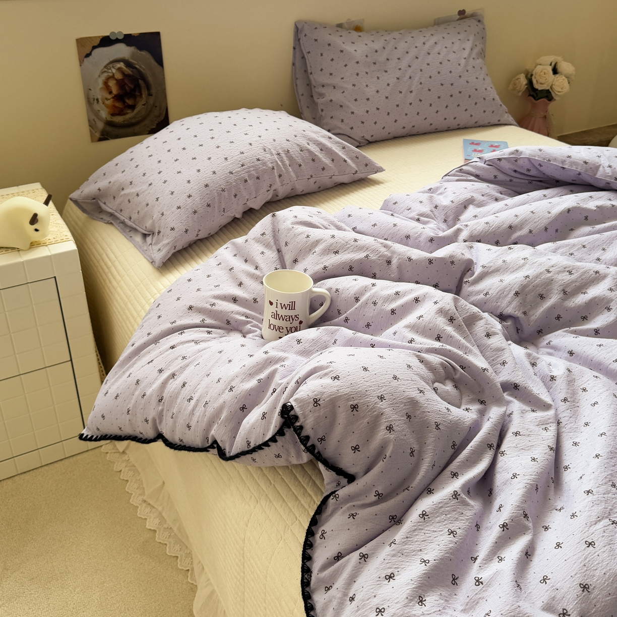 91家纺网 家纺一手货源 找家纺 一加一 2025新款贝壳边抗菌大豆被子被芯 奶油可可-紫