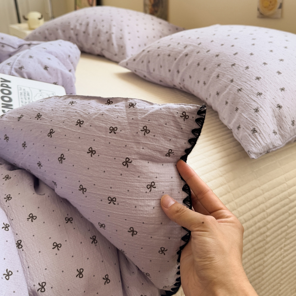 91家纺网 家纺一手货源 找家纺 一加一 2025新款贝壳边抗菌大豆被子被芯 奶油可可-紫