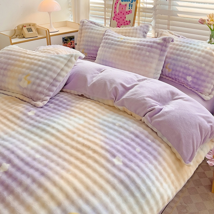 91家纺网 家纺一手货源 找家纺 居易简 2025秋冬新款牛奶绒泡泡绒印花卡通花卉兔毛单被套 梦幻星空