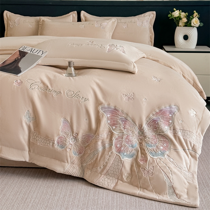 91家纺网 家纺一手货源 找家纺 锦铭源家纺 2025新款75D全消光超柔樱花绒绣花四件套牛奶绒四件套【有买家秀】 蝶恋-咖