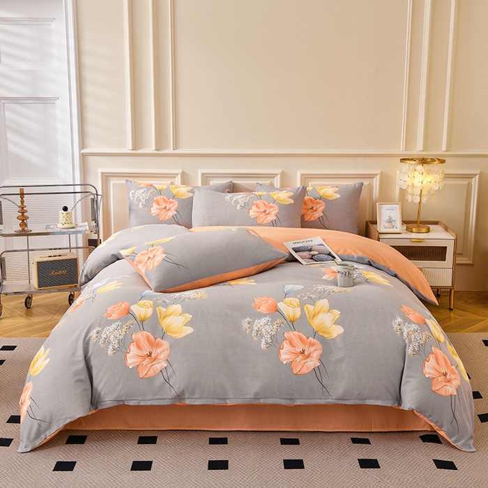 宇彬家纺 2025直播热新款秋冬全棉精梳生态原棉印花加厚磨毛轻奢铂金单被套 依兰花开（灰）
