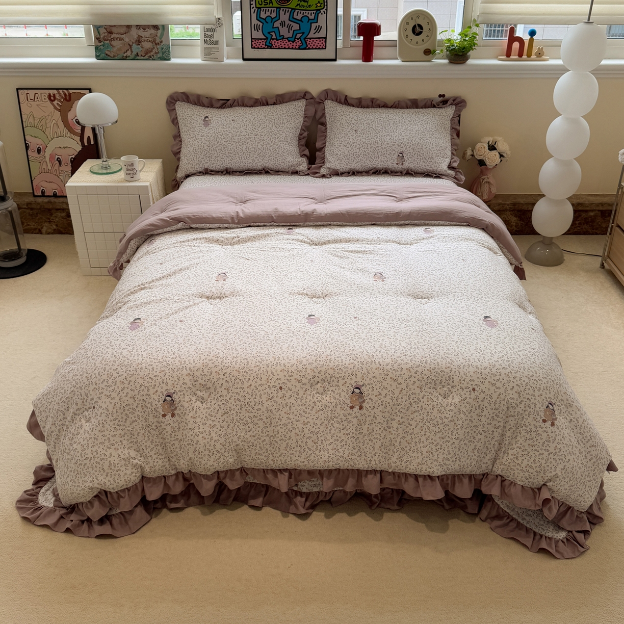 91家纺网 家纺一手货源 找家纺 一加一 2025新款小清新花边款可水洗大豆被子被芯 豆蔻