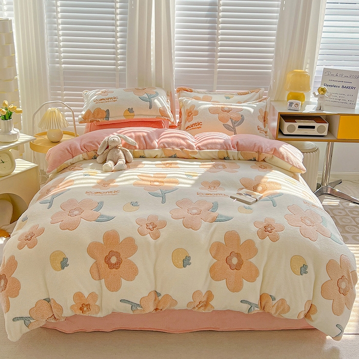 居易简 2025秋冬新品立体雪花绒单被套牛奶绒法莱绒雕花绒兔毛卡通四件套学生季四件套 繁花