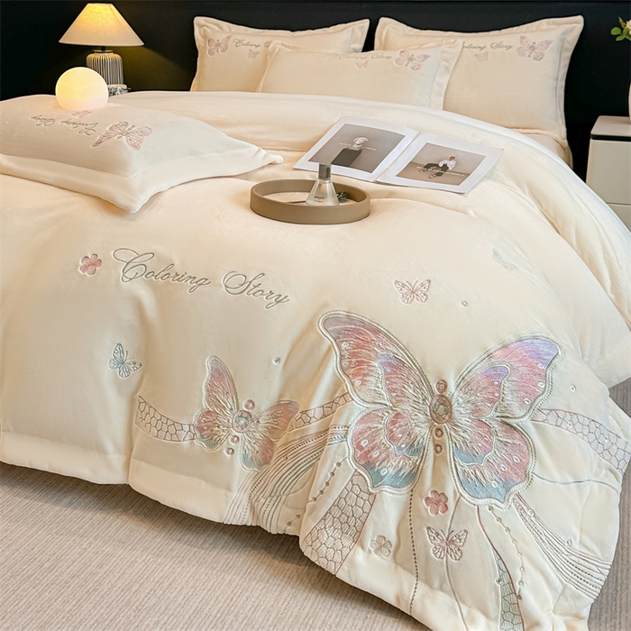 锦铭源家纺 2025新款75D全消光超柔樱花绒绣花四件套牛奶绒四件套【有买家秀】 蝶恋-奶白