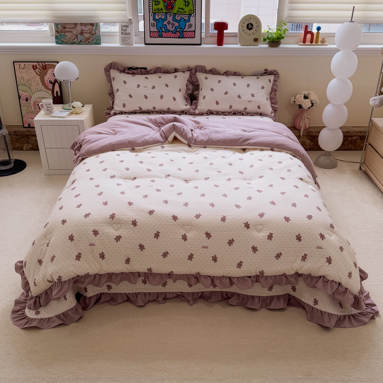 91家纺网 家纺一手货源 找家纺 一加一 2025新款小清新花边款可水洗大豆被子被芯 梦想熊