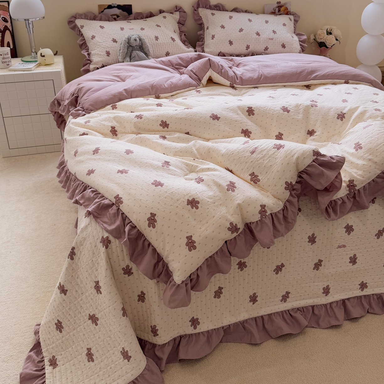 91家纺网 家纺一手货源 找家纺 一加一 2025新款小清新花边款可水洗大豆被子被芯 梦想熊