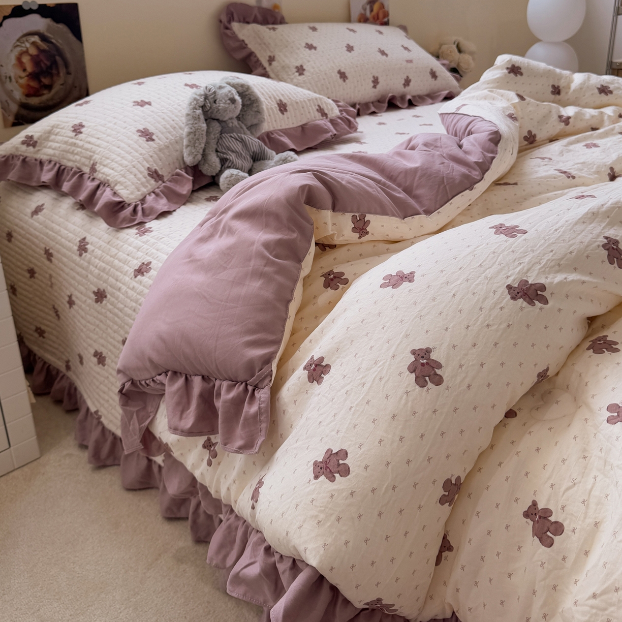 91家纺网 家纺一手货源 找家纺 一加一 2025新款小清新花边款可水洗大豆被子被芯 梦想熊