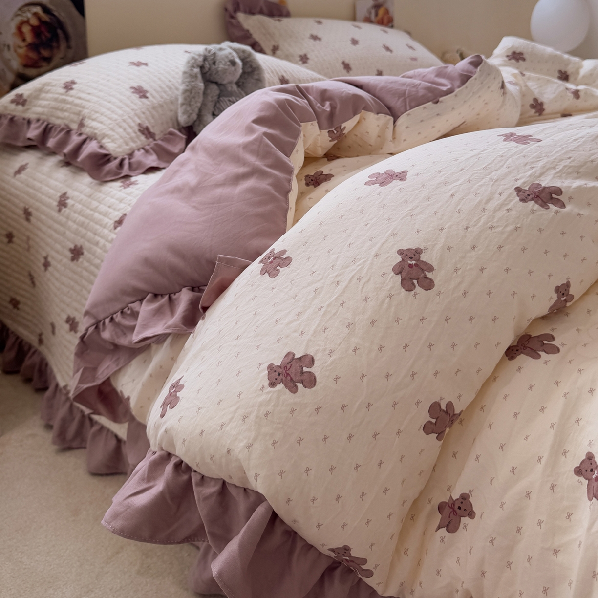 91家纺网 家纺一手货源 找家纺 一加一 2025新款小清新花边款可水洗大豆被子被芯 梦想熊