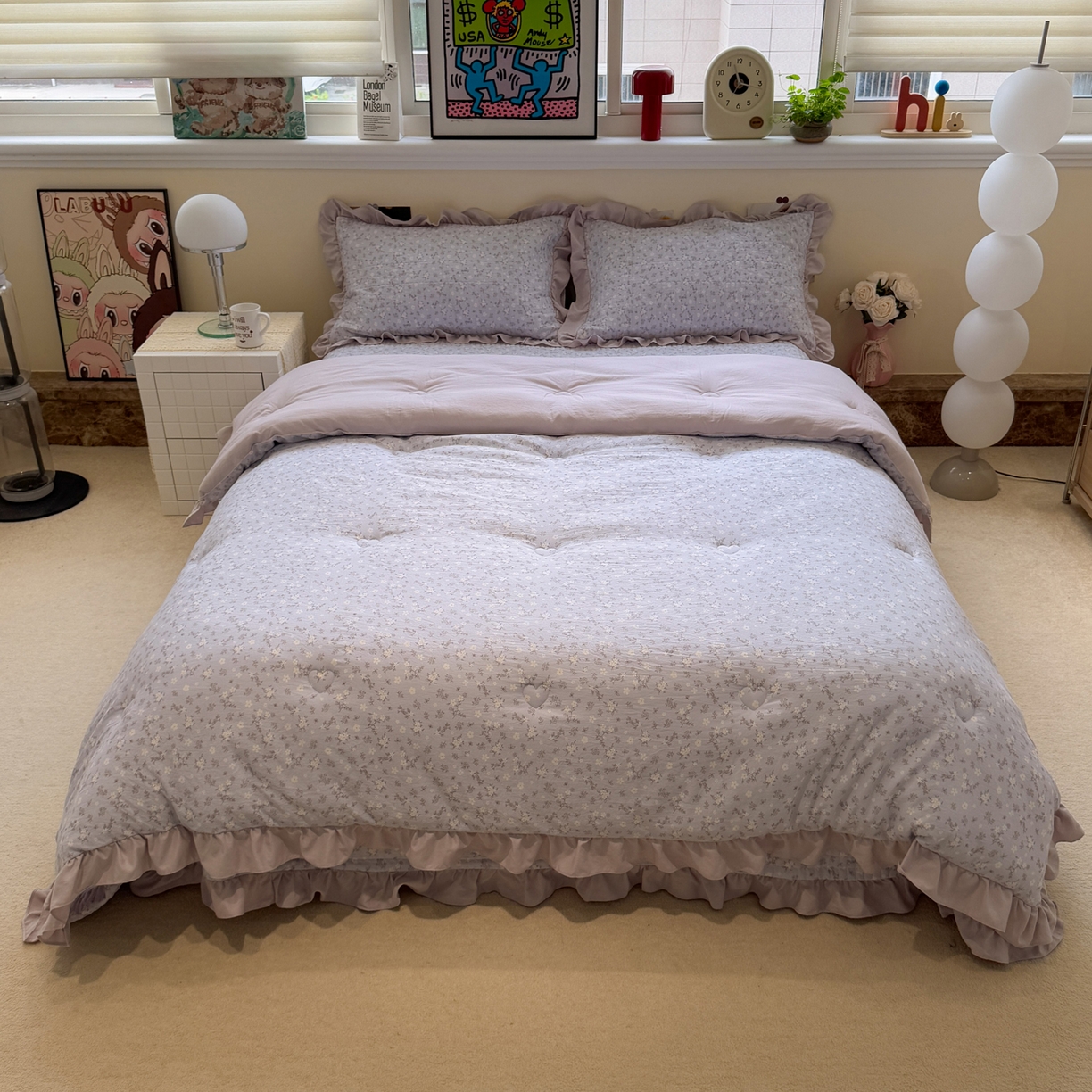 91家纺网 家纺一手货源 找家纺 一加一 2025新款小清新花边款可水洗大豆被子被芯 晴天兰