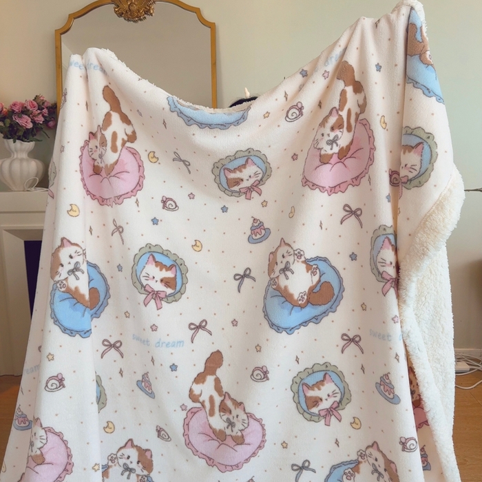 91家纺网 家纺一手货源 找家纺 润缦 2025新款卡通印花毛毯 抱枕猫咪