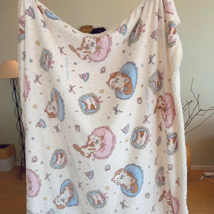 润缦 2025新款卡通印花毛毯 抱枕猫咪