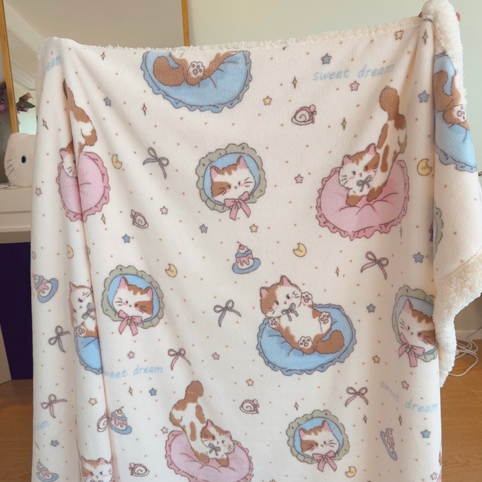 91家纺网 家纺一手货源 找家纺 润缦 2025新款卡通印花毛毯 抱枕猫咪