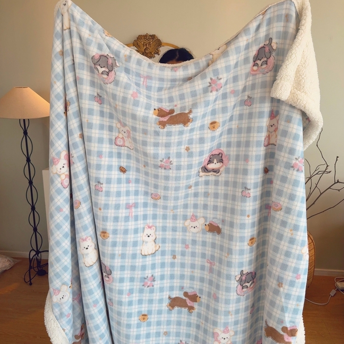 润缦 2025新款卡通印花毛毯 蓝格小萌狗