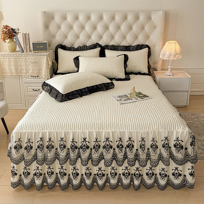 91家纺网 家纺一手货源 找家纺 鼎丰家纺 2025新款皱皱纱双层花边夹棉床裙单床裙床裙单品-梦想系列 梦想-奶油黄