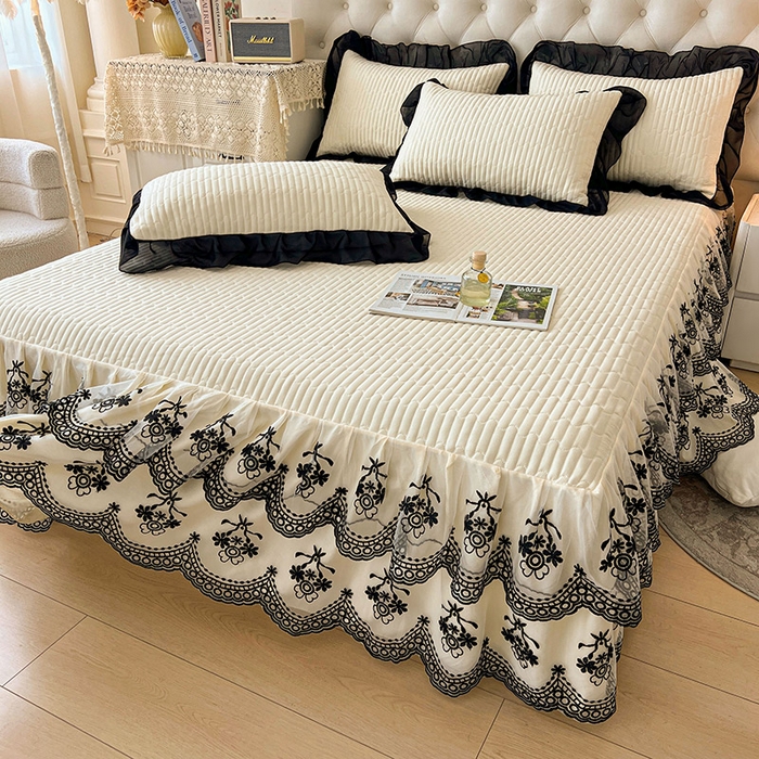 91家纺网 家纺一手货源 找家纺 鼎丰家纺 2025新款皱皱纱双层花边夹棉床裙单床裙床裙单品-梦想系列 梦想-奶油黄