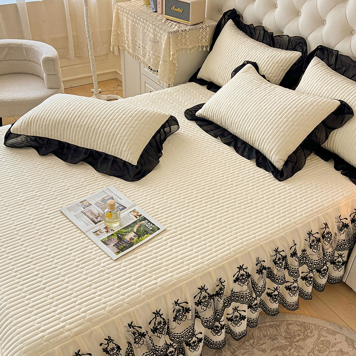 91家纺网 家纺一手货源 找家纺 鼎丰家纺 2025新款皱皱纱双层花边夹棉床裙单床裙床裙单品-梦想系列 梦想-奶油黄