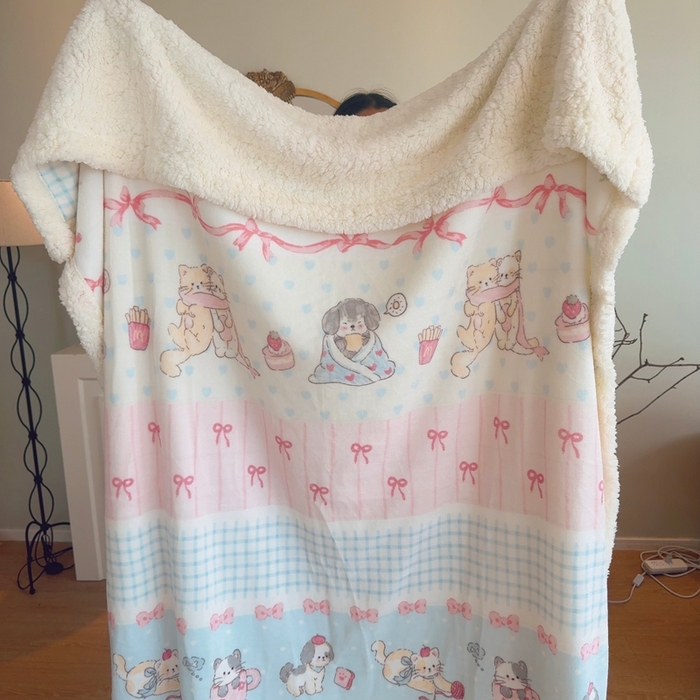 91家纺网 家纺一手货源 找家纺 润缦 2025新款卡通印花毛毯 泡芙小萌猫