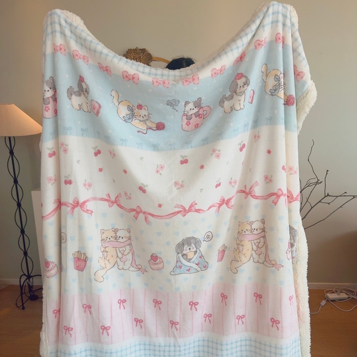 润缦 2025新款卡通印花毛毯 泡芙小萌猫