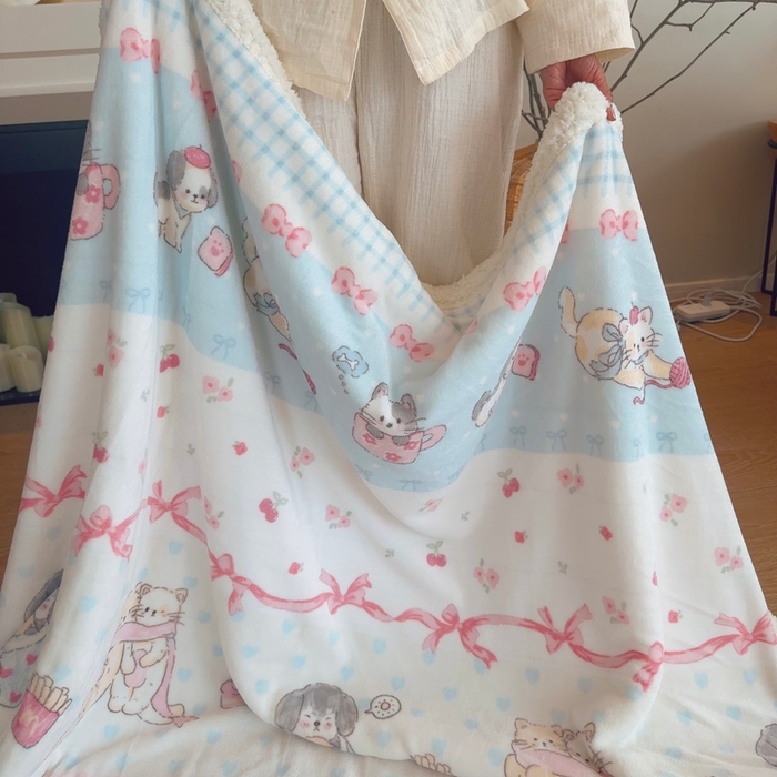 91家纺网 家纺一手货源 找家纺 润缦 2025新款卡通印花毛毯 泡芙小萌猫