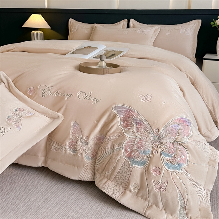 91家纺网 家纺一手货源 找家纺 锦铭源家纺 2025新款75D全消光超柔樱花绒绣花四件套牛奶绒四件套【有买家秀】 蝶恋-咖